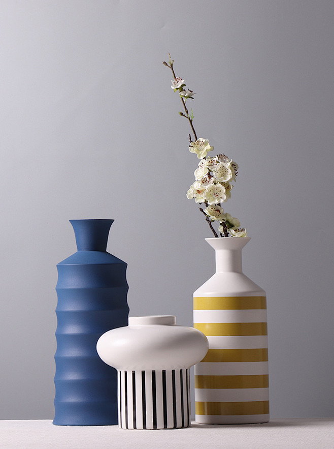 北欧创意花瓶 横竖条纹陶瓷插花摆件 样板...