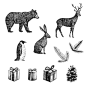 178黑白铅笔素描创意圣诞花环卡片企鹅北极熊四方连续图案矢量-淘宝网