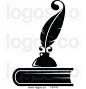 Royalty Free Vector of a Black and White Feather Quill Pen and Ink Well on a Book Logo