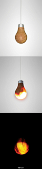 这款木纹LED灯泡，旨在创造一个融合传统手工和现代技术的产品，木制外壳十分薄，光线穿过木纹透出，形成暖光，By Ryosuke Fukusada