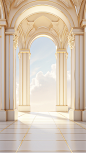 an arched door with light and shadows, in the style of light white and light gold, octane render, metropolis meets nature, neoclassicist, multilayered dimensions, wallpaper, columns and totems