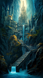 fantasy stairway oregon mountains desktop wallpaper, in the style of sci-fi baroque, dark cyan and amber, kerem beyit, passage, precise, detailed architecture paintings, zen-like tranquility, gustave doré