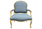 William Switzer Louis XV-Style Chair : 1980s William Switzer Louis XV-style armchair with Royal Blue cotton patterned twill. Designer logo attached to bottom of seat. Seat, 18"H. Some wear.