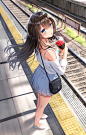 Anime 900x1413 anime anime girls dark hair long hair railway blue eyes