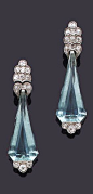 A pair of diamond and aquamarine pendent earrings Each kite-shaped aquamarine drop to an old brilliant and single-cut diamond terminal and surmount, diamonds approx. 1.40ct. total, length 5.3cm., fitted case