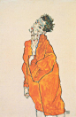 Self-portrait in orange jacket by Egon Schiele, 1913