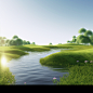 Lawn, river, early morning sunlight, c4d, high-definition