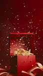 Open christmas gift box with golden ribbon and stars, in the style of surreal fashion photography, minimalist painter, red, folded planes, chinapunk, conceptual installation art, photorealistic detail