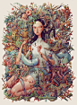 A Giant Bosch-Inspired Watercolor by Illustrator Marija Tiurina : Marija Tiurina's fantastical watercolor painting Eden is her biggest to date, measuring approximately 30 x 10 inches. The scene captures a woman kneeling amongst the inhabitants of a mythol