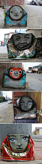 街头艺术家My Dog Sighs以废弃罐头作为媒材，制作街头迷你装置，他在罐头上留下独特的面部装饰，等待路人认领回家。