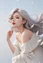 01200-11-a woman,white_background,grey hair,white ribbons fluttering up in the air,beautiful and romantic,curly hair,white petals fall,of