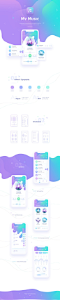 #APP设计# #设计秀# 设计师 Svitlana Shchypkova 设计了一款音乐App，浅紫色与湖水绿的渐变搭配竟然意外的和谐，素材也选得很有个人风格，整个界面都非常有韵味。 ​​​​ 小编@如如酱w