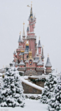 Snowy Disneyland in Paris, France