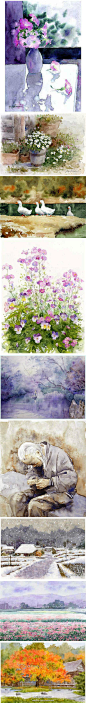 #维瑞尔的插画鉴赏#楢崎清春是日本出色的透明水彩风景画家，他的作品清新自然，充满了田园诗意。