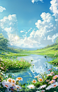 cute green grass and flowers near the river with clouds and sun, background image, in the style of xiaofei yue, soft renderings, uhd image, thomas cole, storybook illustrations, horizons, transparent layers