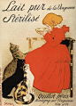 法国艺术家泰奥菲尔·斯坦伦（Théophile Steinlen，1859 -1923）的一张黑猫酒馆海报（图五）是新艺术运动时期的经典标志，事实上，斯坦伦是个不折不扣的猫奴，他画过很多以猫咪为主题的海报和插画，他在巴黎的家更是被称为“属于猫的角落”。 ​​​​