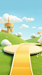 Stage design, close-up s-shaped curve with grass on both sides, cows, blue sky and white clouds, 3d rendering, c4d, vibrant stage background, symmetrical composition