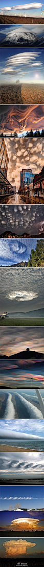 #摄影志#【奇美的云图】由水滴随机聚集而成的美丽云层每刻都在千变万化中，有时能成为奇怪的天象，有时会变幻出各种惟妙惟肖的形状，令人不得不感叹大自然的鬼斧神工。1802年鲁克·霍华德对云做了系统研究和分类，他还发现了云在气象学的重要性。