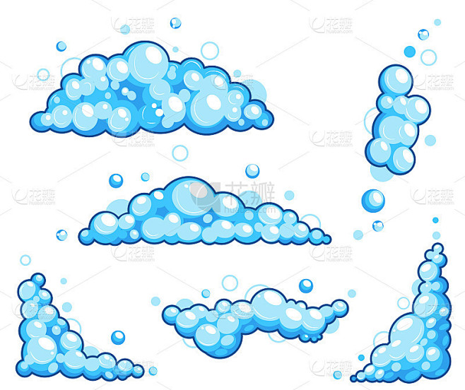 卡通肥皂泡沫与泡沫。淡蓝色的沐浴泡沫，洗...