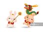 2023兔年快乐中国新年，可爱的小兔子表演舞龙，恭喜发财，贺卡卡通矢量插图孤立在白色背景图片素材