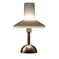 This striking table lamp features a brass semi-spherical base and structure with a bronze finish connected to a tinted glass shade with an interesting top hat shape.