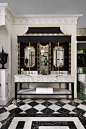 Glamorous black, white and gold details are piled on in this gorgeous Classic Charleston style bathroom, designed by Susan Jamieson for the 2016 #DXVDesignPanel. Shown: Randall Widespread Bathroom Faucet with Pop Round Under Counter Sink.