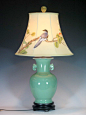 中式灯具 果绿釉象耳瓶真丝手绘陶瓷台灯