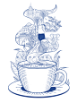 香沫咖啡奶茶原创线描商业插画系列之云南小粒咖啡线描商业包装插画