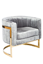 Mica Gold Club Chair, Barrel chair with chic velvet upholstery and gold stainless steel base