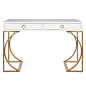 Worlds Away Vanessa White & Brass Desk : The luxe Worlds Away Vanessa desk delivers a chic work station to modern interiors. A distinctive arched base upholds a lacquered top, conveniently featuring two drawers for added storage space. The luster of t