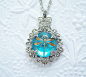 Aqua dragonfly button filigree necklace -FREE SHIPPING-U.S. - VT525