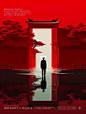 一个男人站在一座红色的中国风格建筑前，以超现实的动画风格，中国大门的三维图，玻璃反射，极简主义背景的风格