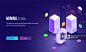 Isometric view of two servers connect with Bitcoin symbol between ultraviolet rays for Mining Bitcoin landing page concept._创意图片