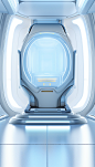 three futuristic futuristic space ship vehicles in white background with blue background illustration, in the style of mirror rooms, confessional, back button focus, empty space, kitchen still life, luminescent light, screen format
