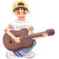 手绘坐着弹吉他的卡通男孩元素