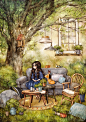 森林里的客厅 ~ 来自韩国插画家Aeppol 的「森林女孩日记」系列插画。