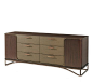 Dresser, Walnut Veneer with Pinyon Finish, Bronze Finish Mouldings and Steel Base, Six Shagreen Embossed Leather Drawers with Spruce Finish, Chiselled Brass Handles, Interior of Cabinets Each Fitted with One Adjustable Shelf, Felt Lined Drawer Bottoms