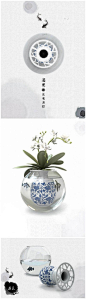 『花瓶鱼缸』
这是一个新中国风的设计作品，结合了花瓶和鱼缸的功能，结合了传统青花瓷和现代感比较强的玻璃这两种元素。青花花瓶的瓶口采用了中国传统的图案，镂空留出了大面积的空间供鱼儿呼吸。花瓶直接架在鱼缸上面，非常方便换水和喂食。玻璃透明的“虚”和花瓶的“实”，为家里带来无限的生机。