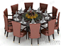 现代雅致棕色烤漆实木圆形大型餐桌红色皮质印花餐椅桌椅组合