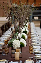 Mix crisp white hydrangeas and dark green succulents to top a brown table.