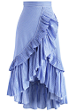 Applause of Ruffle Tiered Frill Hem Skirt in Blue Stripes : Lights, camera, fashion! Take center stage and rule the spotlight in this saucy statement skirt boasting blue stripes, ruffles, and a tiered design.<br/>- Tiered ruffles trimmed<br/>-
