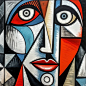 Picasso style, female, closeup shot, portrait, looking at camera