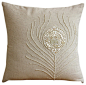 Pearly Peacock Feather Cotton Linen Pillow Cover, 26x26 contemporary-decorative-pillows