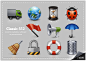 Royalty-free icons - red flag, megaphone, blue umbrella, broom, life belt, recycle bin