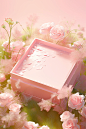 the photograph of a pink box and flowers, in the style of expansive, pale palette, storybook-esque, photobashing, flat surfaces, lush and detailed, sleek