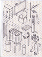 Chaos Sketch : Sketches on a isometric reticle paper! Dont like the lines when im drawin, but in this case the paper helped too much, without the lines would be impossible. I was 2 months just thinking about things you can find in a city, and trying to dr