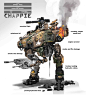 Chappie - The Moose, WETA WORKSHOP DESIGN STUDIO : Envisioned as an anti vehicle/ anti personnel appliance for military use, the remote controlled MOOSE went through a series of design passes before finally becoming an animated asset and life sized prop. 