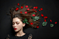 People 2560x1709 women red lipstick leaves face makeup portrait model closed eyes