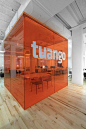 Transparent walls with color orange. Big logo.  #office #design #moderndesign #meetingrooms