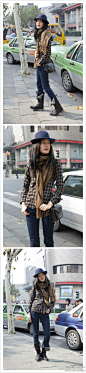 #优衣库·街拍#来自上海的学习时装设计的学生陈宇。棕色格子衬衫搭配棕色毛线围巾，深蓝色牛仔裤是不错的百搭单品。系带中筒靴的搭配给全身增添了一种中性气质。帽子也运用的恰到好处。更多街拍请查看UNIQLOOKS：http://t.cn/h5KvqZ
